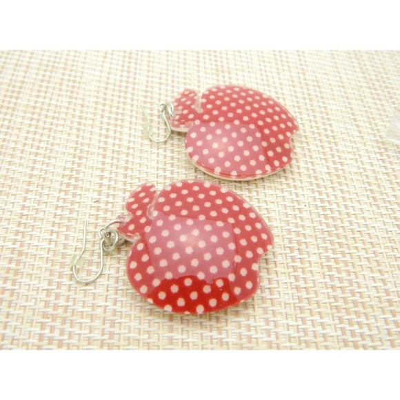 Apple Burgundy Polka Dot Large Acrylic Dangle Earrings Vintage - Picture 2 of 4